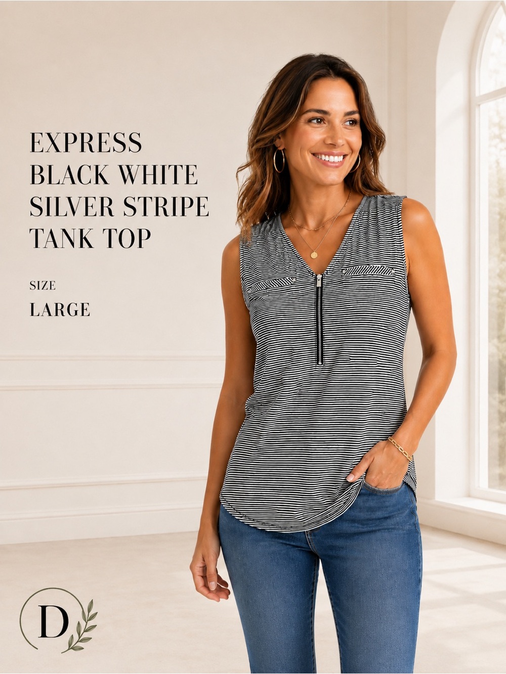 EXPRESS Black White Silver Striped Zip-Front Flowy Tank Top